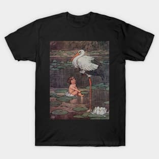 Baby and Stork Vintage Fairy Tale Illustration T-Shirt